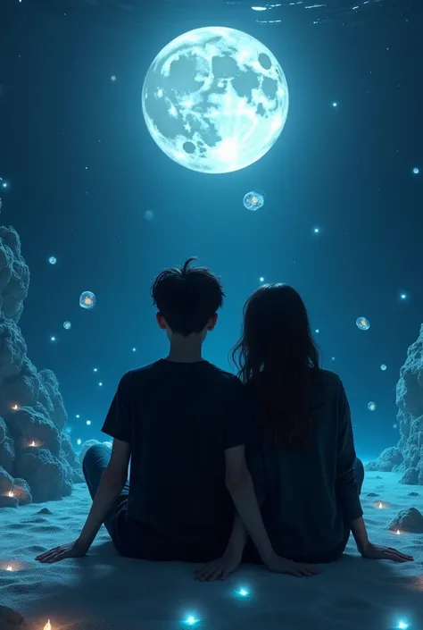 (photorealism:1.2), a boy ,20 years old with  black t shirt and girl ,20 years old black hoodies enjoying sitting on ocean bed with bioluminense on beautiful full moon night
