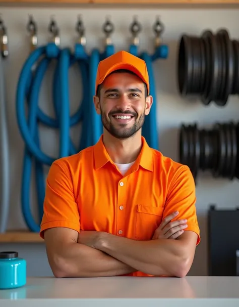 the counter of a hose shop, There is a smiling Latino male employee in an orange uniform, In the background you can see black hoses, blue, the place is white