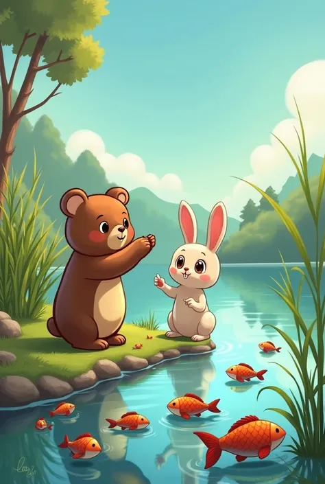 Third scene: Pepe the bear and Lili the bunny by a lake. Pepe is excited pointing out the many fish swimming near the shore, while Lili looks at the other side of the lake, where there are fewer fish.