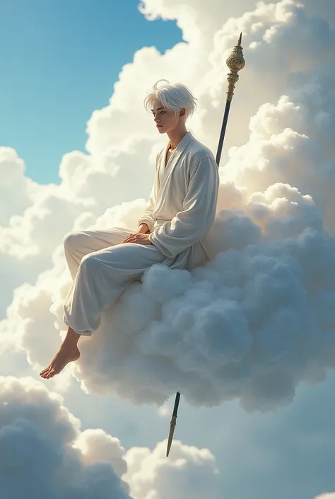 a young male character with white hair without super cool with a wukong staff sitting on a cloud without long hair