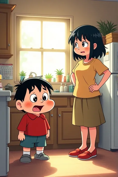 Shin-chans face should show his typical mischievous grin, while Misae looks exasperated. The setting is a cozy, cluttered family kitchen.