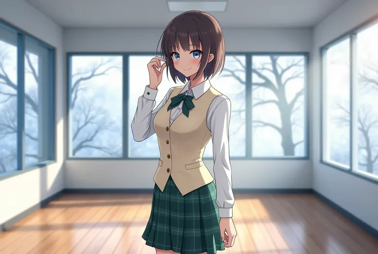 A 1 anime style woman, bing image,  Dall-E 3 style, High resolution, masterpiece, Best Quality, 8k image, stop, aisle, third floor, white school, wooden floor in Tokyo city, Through the windows you can see the snow-covered treetops in the afternoon (Plano ...