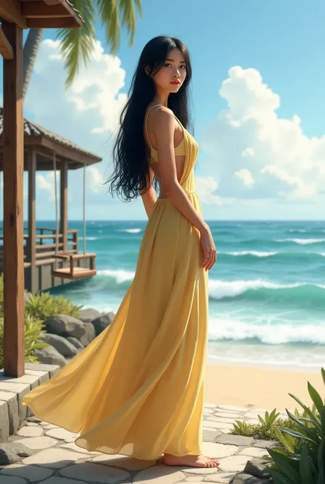 (photorealism:1.2), The girl is standing with her back turned, in a coastal setting. She is wearing a long, light yellow dress, which has an open weave design and shows a wide cut at the sides, giving it an elegant and fresh touch. The girl has an oval fac...