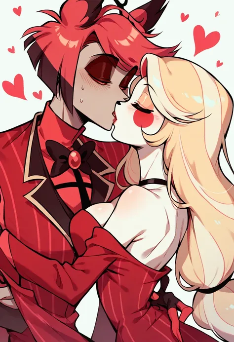 1boy, red hair, alastor, hazbin hotel, animal ears,red coat,1girl blonde long hair,red suit, hazbin hotel, Charlie morningstar, Kiss,