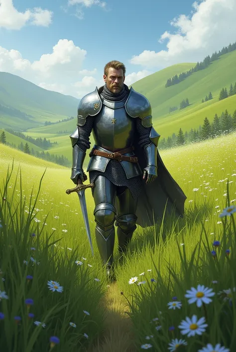 The knight walks in the grassland.