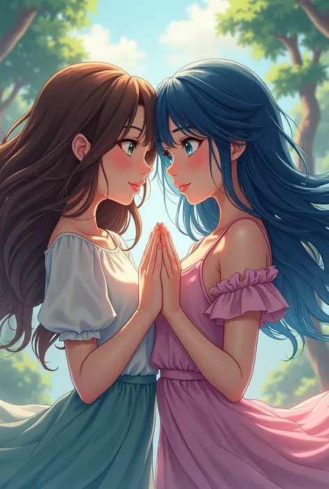 brown haired  american women with green eyes and a dark blue haired korean women with blue eyes in anime style