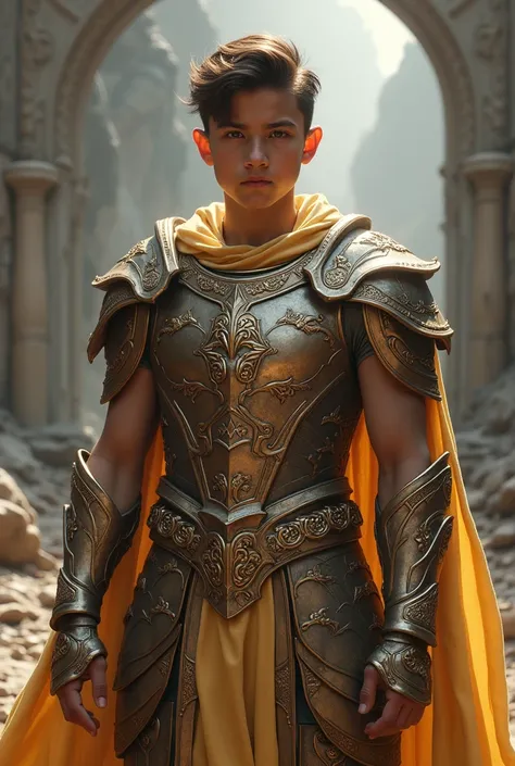 Full body image of a young warrior dressed in the full armor of God.