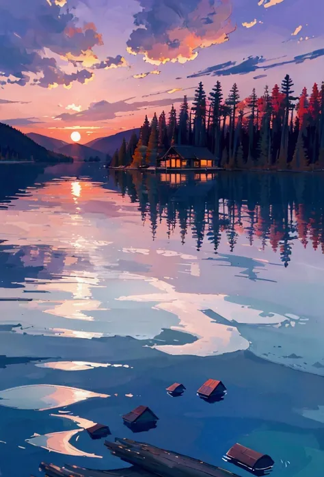 The image portrays a serene lakeside scene during a breathtaking sunset. A cozy log cabin sits nestled among tall pines, its windows glowing with a warm, inviting light. The cabin overlooks a tranquil lake, reflecting the vibrant colors of the sky—brillian...