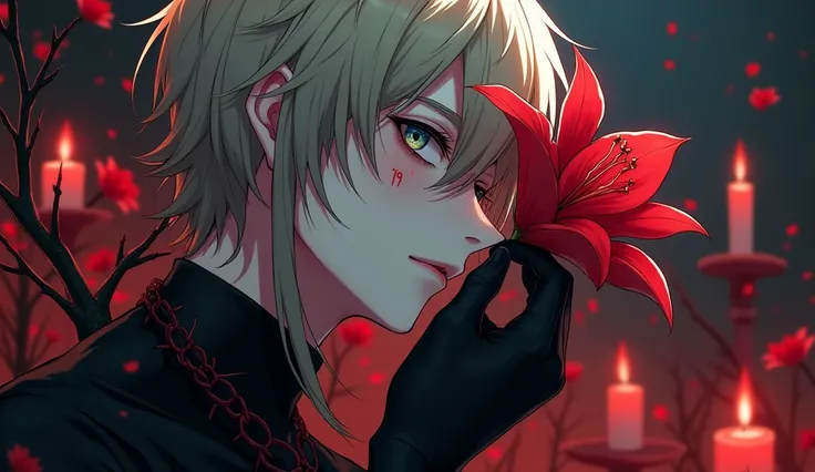 a young male, with natural long dirty blonde hair, Blue eyes, long lashes, delicate features, black eyeliner, black gloves, and black clothes. cover his head. (Anime style) Holding a red lily flower in his hand and looking at it with a dead, soulless expre...