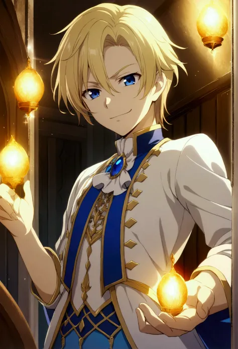 1boy, blonde short hair, blue eyes, prince clothes, teenage, arrogant smile, CG