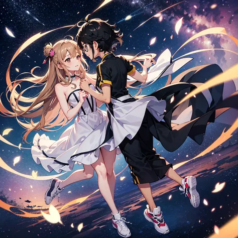  (Anime style) boy and girl  (Beautiful anime couple) Anime couple, a boy and a girl.  is pale skinned, suoer very very long black hair, little curly hair. Black eyes. Cute glasses. Cute pink strapless dress with cute matching shoes. With a cute pink bow o...