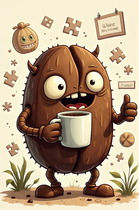 A funny, small monster made of coffee beans, with arms and legs, made from beans. The monster&#39;s face has large, alert eyes and holding an oversized coffee mug. Around the monster could be childish drawings of chaos like toys and puzzle pieces.
	•	Stil:...