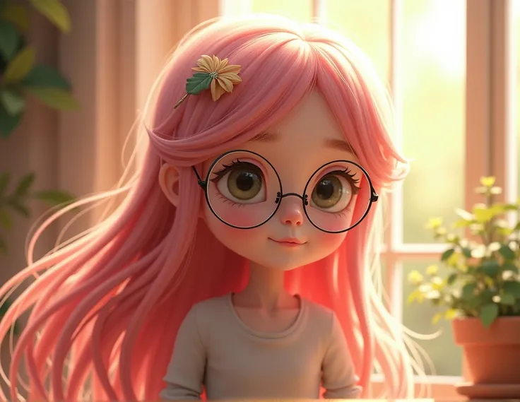 young girl long pink hair a little wavy wearing glasses 