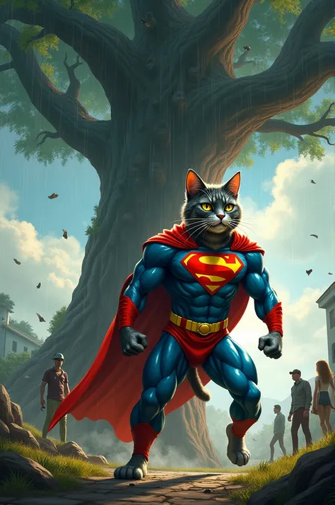 Super cat helps people prevent a large tree from falling due to a storm