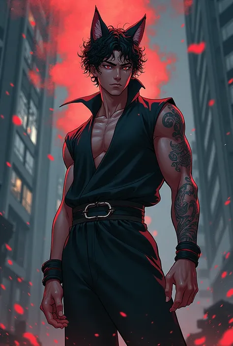 style jujutsu kaisen, Choso, curly, high, Cat&#39;s ears, muscular body, boy 