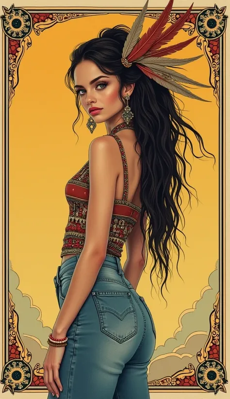 masterpiece, plain vintage tarot line-art aesthetics, teenager diva, bold ethnic makeup, hairdress with feathers, high-waisted levis flared jeans, ethnic pattern blouse, ethnic ritual aesthetics, ethnic accessories, ritual victim outfit, turns around, fram...