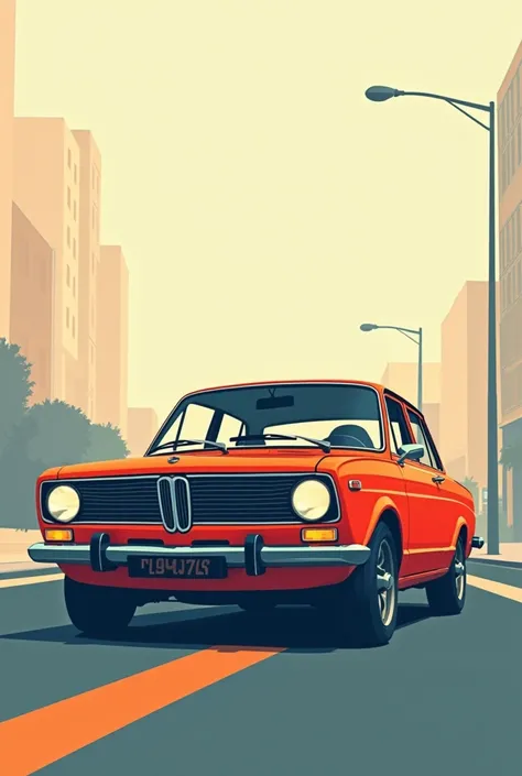 A 2000 or 1990 style car design, LET THIS NOT BE LOST, Urban car with a vintage effect of only 2 solid colors, like orange and blue, without shadows or lights, that may have some details in the background to complement 