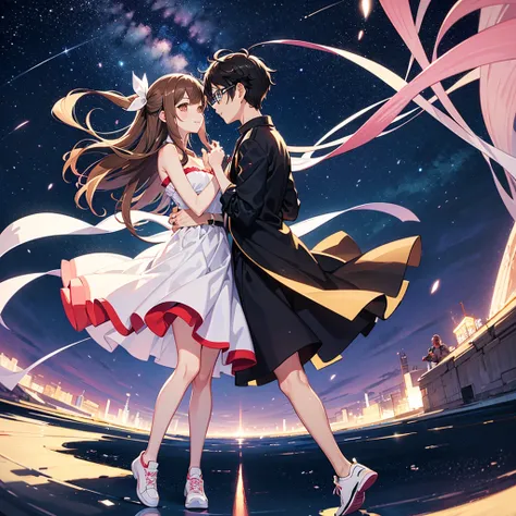  (Anime style) boy and girl  (Beautiful anime couple) Anime couple, a boy and a girl.  is pale skinned, suoer very very long black hair, little curly hair. Black eyes. Cute glasses. Cute pink strapless dress with cute matching shoes. With a cute pink bow o...