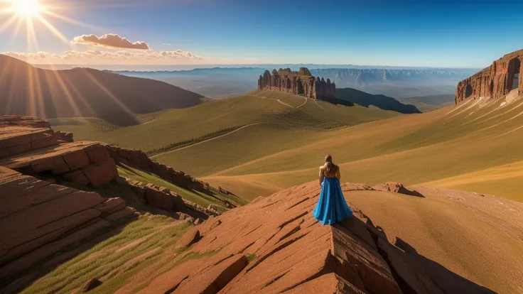 The young woman reaches the mountain peak. stand tall, surveying a landscape filled with opportunity. Effects: 360-degree pan around the protagonist. Sunbeams break through clouds, illuminating the scene.

