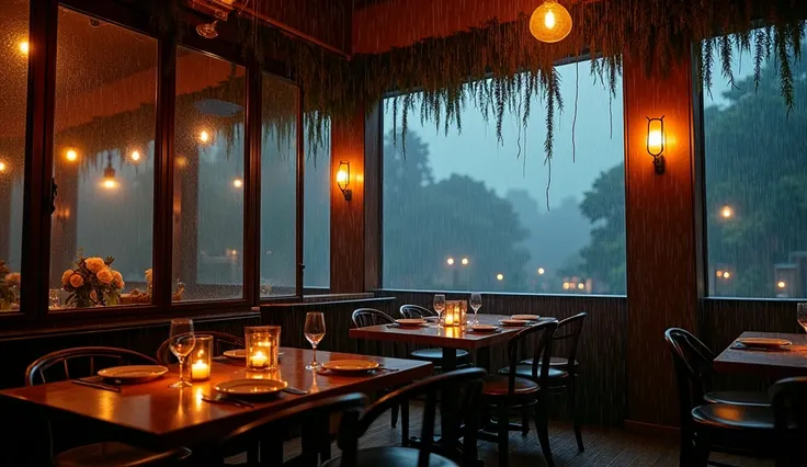 "The rain lashed relentlessly against the windows of the restaurant, each drop like a cold reminder of the harshness outside. The golden glow from within contrasted sharply with the dark, stormy night, as the water streamed down the glass in steady rivers....