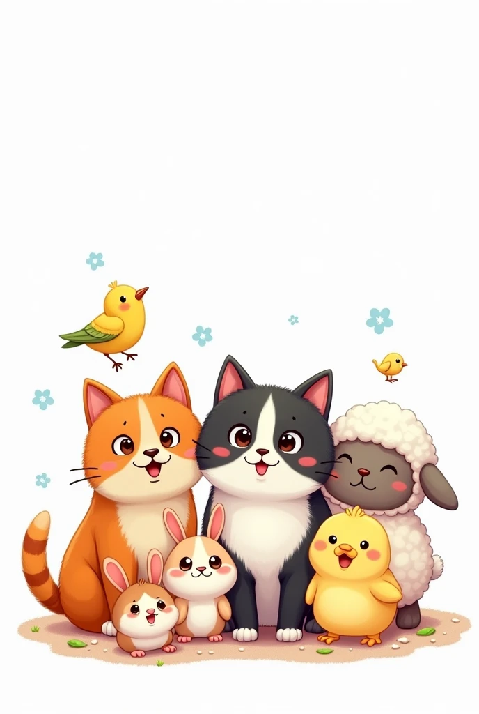 Cartoon pets together: cat, dog, rabbit, hamster, chick, bird, canary and lamb on white background