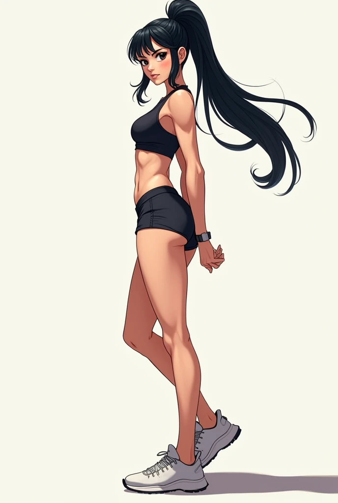 athletic girl, anime, black long hair, ponytail, Mini Shorts, sneakers, Strict 