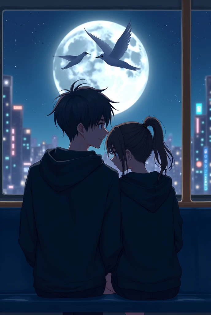 (photorealism:1.2), a boy ,20 years old with  black hoodie and girl ,20 years old black hoodies  and a messy ponytail putting her head on his shoulder enjoying sitting in a bus with bioluminense on beautiful full moon night
With 2 white love birds flying i...