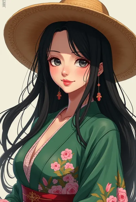 anime girl with long black hair with a brown hat like luffy&#39;s from one piece covering her eyes and wearing a green kimono with pink details