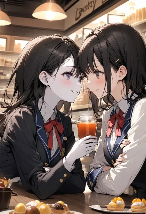 Beautiful long black hair　Iris　cute　White skin　Beauty　high school girl　blazer　Pastry shop　Inside the store　Table seating　face to face　pot　Hot Tea　tart　tie　smile