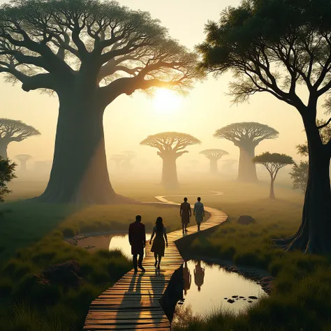 A cinematic, photorealistic, image of an expansive, intricate detailed, mystical savanna, dominated by colossal intricate detailed baobab trees with thick trunks and sprawling canopies. The scene is bathed with soft natural light of the golden hour sunligh...