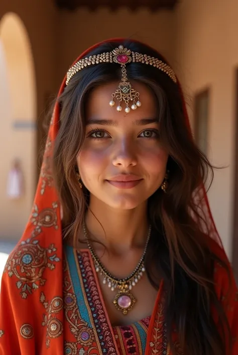 high quality, 8K resolution image of a beautiful Moroccan girl in a traditional Moroccan house. She has light, Textured skin , , . Her eyes shine with life, She is wearing traditional Moroccan clothing. Scenes are rich in detail with ultra-fine textures, S...