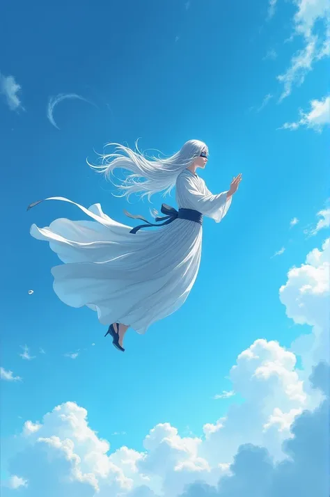 blue sky with clouds and gojo flying 
