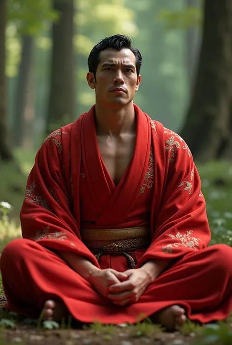 create a realistic superman image with a red buddhist kimono, sitting in a wooded place,  eyes wide and pouting with a crying expression