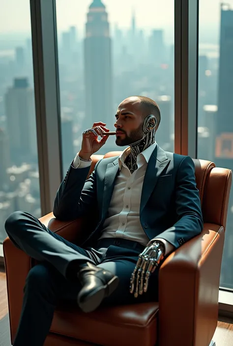 a skyscraper office in the big city, the male cyborg sits in a luxurious chair and holding a smoking cigar in his hand, high quality, absurdres, masterpiece, beautiful, intricate details, 1/2 body crop, slim body, beautiful figure, magnificent anatomy, (in...