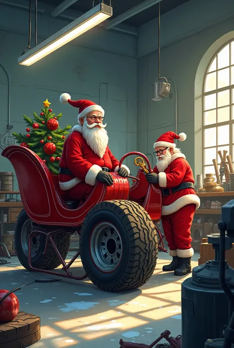 Santa&#39;s sleigh in the mechanic shop changing tires 