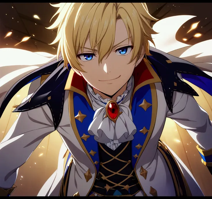 1boy, blonde short hair, blue eyes, prince clothes, teenage, arrogant smile, CG