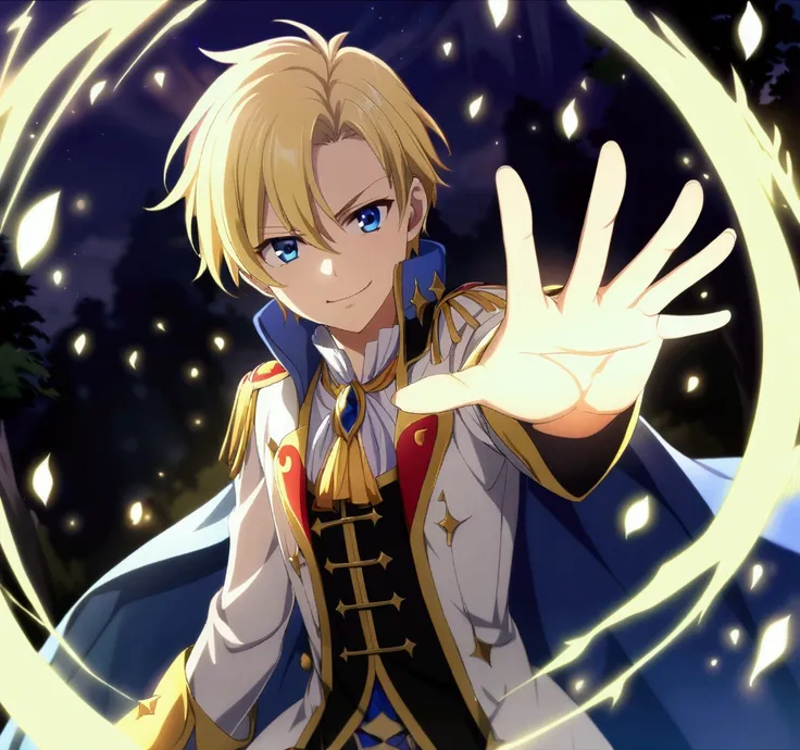 1boy, blonde short hair, blue eyes, prince clothes, teenage, arrogant smile, CG