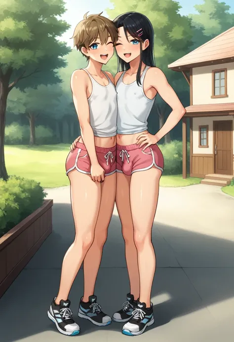 ​​childish, skinny, sissy, young boy, , blue eyes, closed eye, erect nipples, pert ass, white tank top, pink shorts, bulge in shorts, black sneakers, excited, sexy naughty pose in front of a rustic country house, ecchi anime, Keiji Gotoh style, masterpiece...