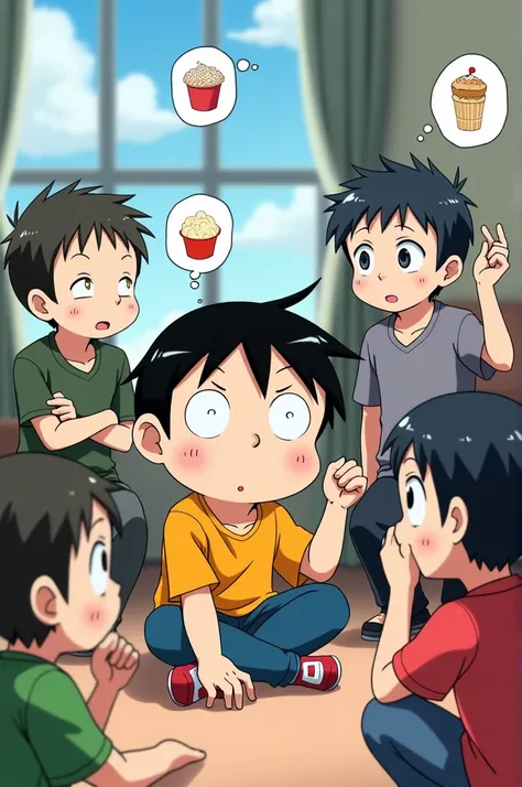 Shin-chan flriends (nene,bo-chan,kazaka and masao) are having a more serious conversation, but Shin-chan is playfully daydreaming, imagining himself as a snack company president.