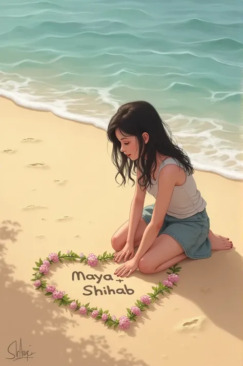  A girl has drawna heart on the ground near theseashore with her own hand and has written the name MAYA +SHIHAB on it and flower and have been placedon top of the heart