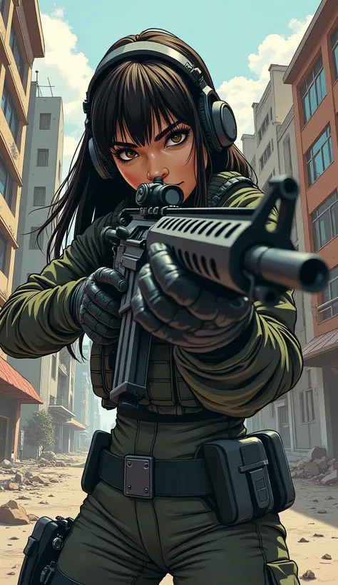 Image of a urban war scene, with a (Dark-skinned:1.2), latin mixed race, woman with long straight hair with bangs, brown eyes, operator headset, (spec-ops suit), ((masterpiece:1.5)), urban war scene, ((holding m4a1:1.3)), [[aiming-shooting pose: 1.2]], [[s...