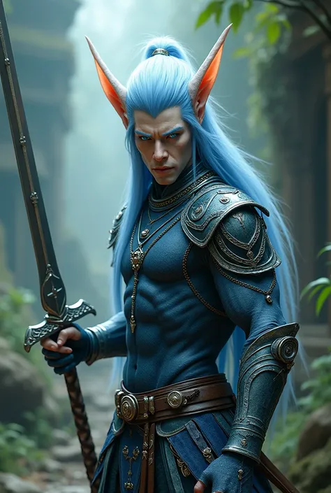 Asian elf man and warrior. Indigo colored eyes, pale blue fur. With chain mail and long sword.