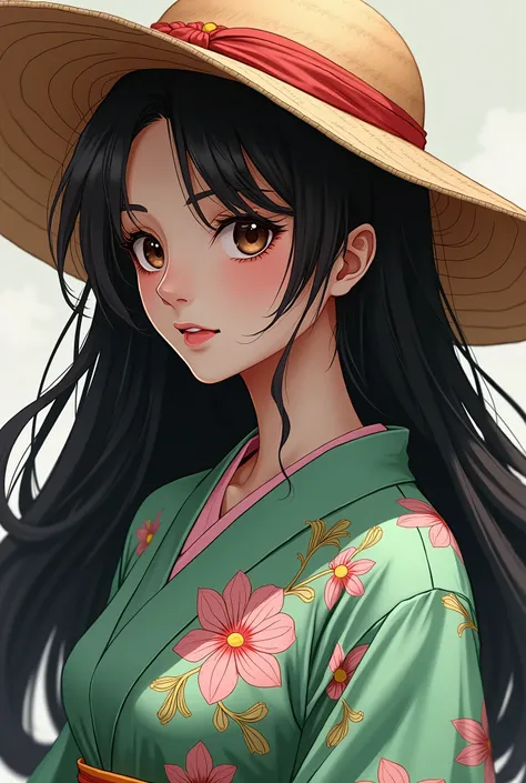 anime girl with long black hair with a brown hat like luffy&#39;s from one piece covering her eyes and wearing a green kimono with pink details