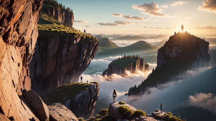 The young woman reaches the mountain peak. stand tall, surveying a landscape filled with opportunity. Effects: 360-degree pan around the protagonist. Sunbeams break through clouds, illuminating the scene.
