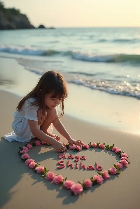  A girl has drawna heart on the ground near theseashore with her own hand and has written the name MAYA +SHIHAB on it and flower and have been placedon top of the heart 6 poto