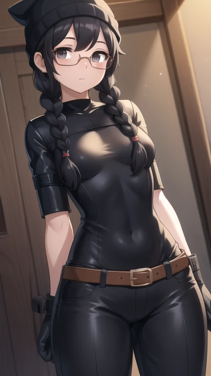 masterpiece, high quality cg, anime, illustration, best quality, 1girl, bound, bondage, beautiful face, detailed face, cowboy shot, dokkaebi, 1girl, solo, looking at viewer,  black hair, braid, glasses, black gloves, belt, pants, black eyes, twin braids, s...