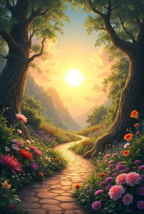 A powerful scene depicting a new beginning and the ability to transform life within 30 days. The image should feature a radiant sunrise, a path adorned with natural beauty, and an intriguing mix of design elements. On either side of the path, there should ...