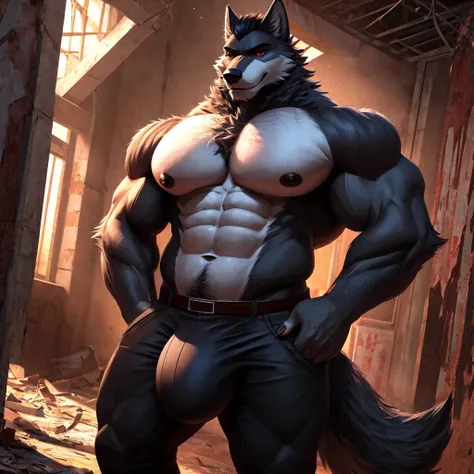 ((أفضل جودة)), ((تحفة)), (مفصلة للغاية), ((4K)).

Wolf, mafia boss, black fur ,dilf, father,only focus,red eyes, muscular, very fat, massive body, make body more muscular, body bigger,fluffy tail, huge pecs,shirtless, black pants, tattoos all over body,con...