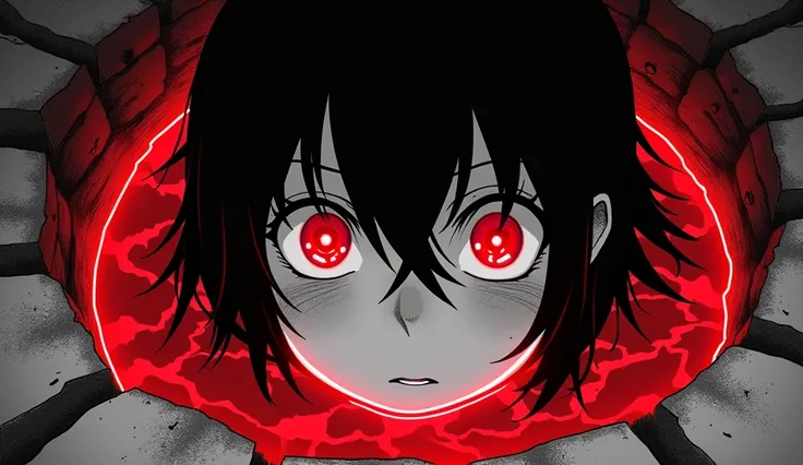 Create a black and white manga style image with, monochrome, Alguém preso no fundo do poço, clouse-up, bright red eyes, red outline.