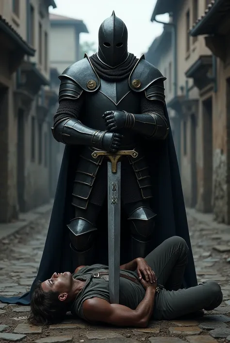 A knight in black armor stabbed a villager in the stomach with his sword.